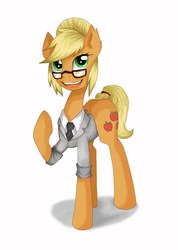 Size: 1356x1900 | Tagged: safe, artist:rosha-krieger, applejack, g4, alternate hairstyle, clothes, female, glasses, raised hoof, solo