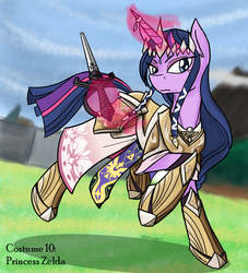 Size: 1000x1100 | Tagged: safe, artist:thattagen, twilight sparkle, g4, armor, bedroom eyes, clothes, crossover, dress, female, frown, horn, horn jewelry, horn ring, hyrule warriors, jewelry, looking at you, magic, princess zelda, running, solo, sword, telekinesis, the legend of zelda, twizelda, warrior twilight sparkle, weapon