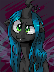 Size: 600x800 | Tagged: dead source, safe, artist:zilvtree, queen chrysalis, changeling, changeling queen, g4, confused, female, floppy ears, frown, raised eyebrow, solo