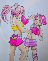 Size: 2780x3511 | Tagged: safe, artist:letwork, fluttershy, human, g4, aelita schaeffer, angry, armpits, ass, belly button, boxing gloves, butt, clothes, code lyoko, crossover, female, high res, humanized, midriff, siblings, sisters, skirt, sports bra, traditional art