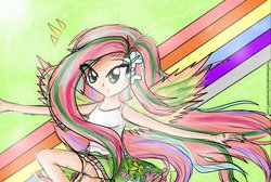 Size: 1024x687 | Tagged: safe, artist:everdreamyartist, fluttershy, equestria girls, g4, clothes, female, humanized, rainbow of light, rainbow power, skirt, solo, tank top, winged humanization