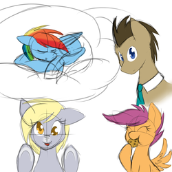 Size: 2000x2000 | Tagged: safe, artist:silverfox057, derpy hooves, doctor whooves, rainbow dash, scootaloo, time turner, pegasus, pony, g4, cookie, doodle, female, high res, looking at you, mare, sketch, sleeping