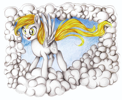 Size: 4071x3316 | Tagged: safe, artist:vird-gi, derpy hooves, pegasus, pony, g4, cloud, cloudy, female, mare, solo, spread wings, traditional art