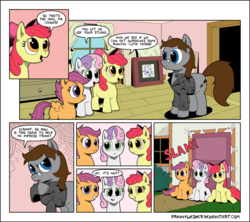 Size: 1500x1329 | Tagged: safe, artist:prinnywesker, apple bloom, scootaloo, sweetie belle, oc, oc:sketch canvas, g4, comic, cutie mark crusaders