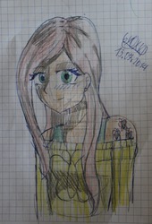 Size: 1024x1506 | Tagged: safe, artist:oxana-ice_k_p, fluttershy, human, g4, clothes, female, humanized, solo, sweatershy, traditional art