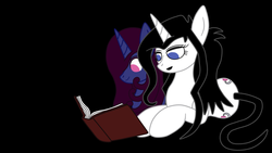 Size: 1024x576 | Tagged: safe, artist:thelordofdust, oc, oc only, oc:maneia, oc:nocturna, pony, unicorn, book, obsession is magic, reading