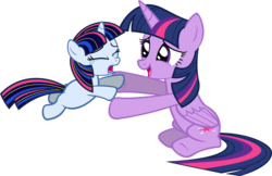 Size: 2537x1642 | Tagged: safe, artist:zacatron94, twilight sparkle, oc, oc:starlight sparkle, alicorn, pony, unicorn, g4, crying, eyes closed, female, filly, mare, offspring, open mouth, parent:night light, parent:twilight velvet, parents:nightvelvet, redesign, reunion, reunited, simple background, sisters, tears of joy, transparent background, twilight sparkle (alicorn), vector