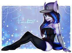 Size: 4200x3120 | Tagged: safe, artist:yukomaussi, oc, oc only, anthro, anthro oc, fishnet stockings, hat, solo, wink