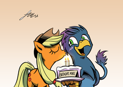 Size: 4093x2894 | Tagged: safe, artist:lovelyneckbeard, applejack, oc, griffon, g4, birthday cake, blushing, cake, canon x oc, eyes closed, female, i can't believe it's not idw, imminent kissing, interspecies, kissing, male, open mouth, smiling, smooch, straight