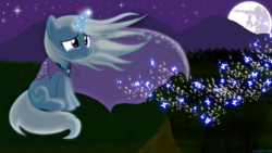 Size: 3840x2160 | Tagged: safe, artist:darkwolfmx, trixie, pony, unicorn, g4, alicorn amulet, crying, female, happy, high res, magic, mare, mare in the moon, moon, night, sitting, solo, stars, tears of joy