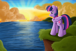Size: 1800x1200 | Tagged: safe, artist:luximus17, twilight sparkle, alicorn, pony, g4, cliff, female, folded wings, looking at something, looking away, mare, ocean, outdoors, solo, standing, sunset, twilight sparkle (alicorn), water, wings