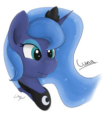 Size: 900x1000 | Tagged: safe, artist:luximus17, princess luna, alicorn, pony, g4, bust, female, mare, name, portrait, simple background, smiling, solo, three quarter view, white background