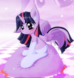 Size: 1753x1850 | Tagged: safe, artist:an-m, twilight sparkle, alicorn, pony, g4, blushing, clothes, cute, ear fluff, female, looking at you, mare, pillow, simple background, sitting, socks, solo, twiabetes, twilight sparkle (alicorn)