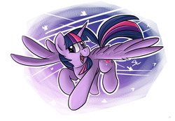 Size: 1076x743 | Tagged: safe, artist:luximus17, twilight sparkle, alicorn, pony, g4, female, flying, looking at you, mare, open mouth, outline, smiling, solo, spread wings, turned head, twilight sparkle (alicorn), white outline, wings