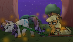 Size: 2600x1500 | Tagged: safe, artist:dusk-spark, applejack, rarity, g4, fanfic, fanfic art, female, injured, lesbian, ship:rarijack, shipping, sled, sweat