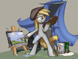 Size: 1200x900 | Tagged: safe, artist:cannibalus, derpy hooves, pegasus, pony, g4, drawing tablet, female, graphics tablet, hat, mare, paint, paint in hair, paint on fur, paintbrush, solo, tablet