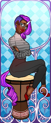 Size: 360x864 | Tagged: safe, artist:infected-ellis, rarity, human, g4, clothes, dark skin, female, glasses, horn, horned humanization, humanized, lipstick, nail polish, pants, sitting, solo, tailed humanization, undercut