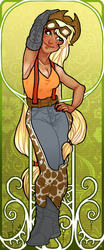 Size: 360x864 | Tagged: safe, artist:infected-ellis, applejack, human, g4, bookmark, chaps, female, freckles, goggles, humanized, solo, suspenders, tailed humanization