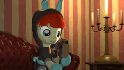 Size: 640x360 | Tagged: safe, artist:maetrome, oc, oc only, oc:film flick, earth pony, pony, 3d, animated, bunny ears, camera, clothes, dangerous mission outfit, female, hoodie, mare, solo, source filmmaker