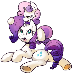 Size: 2000x2000 | Tagged: safe, artist:maren, rarity, sweetie belle, g4, bored, clinging, female, high res, looking up, lying, pony pile, prone, siblings, simple background, sisters, surprised, underhoof