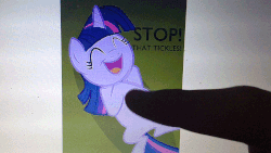 Size: 960x540 | Tagged: safe, edit, edited screencap, screencap, twilight sparkle, pony, unicorn, friendship is magic, g4, animated, belly, computer, cute, eyes closed, female, finger, hand, laughing, letterboxing, on back, open mouth, smiling, tickling, twiabetes, unicorn twilight