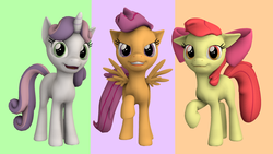 Size: 3000x1687 | Tagged: safe, artist:luminousdazzle, apple bloom, scootaloo, sweetie belle, earth pony, pegasus, pony, unicorn, g4, 3d, cutie mark crusaders, source filmmaker