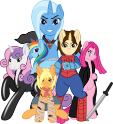 Size: 12000x13156 | Tagged: safe, artist:mactavish1996, artist:salemcat, applejack, pinkie pie, rainbow dash, sweetie belle, trixie, cyborg, g4, absurd resolution, alicorn amulet, artificial wings, augmented, bandana, black widow (marvel), catsuit, clothes, crossover, future, jumpsuit, katana, leg wraps, longcoat, male, marvel comics, mechanical wing, older, peter parker, pinkamena diane pie, ponified, sequel, shorts, simple background, spider-man, spiders and magic iii: days of friendship past, spiders and magic: rise of spider-mane, sword, transparent background, vest, weapon, wings