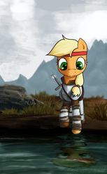 Size: 1300x2126 | Tagged: safe, artist:makc-hunter, applejack, earth pony, pony, g4, armor, female, headband, mare, skyrim, solo, sword, the elder scrolls, water, weapon