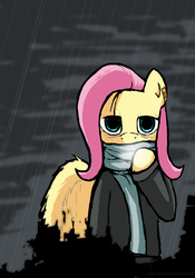 Size: 1190x1700 | Tagged: safe, artist:makc-hunter, fluttershy, pony, g4, bipedal, clothes, female, jacket, rain, scarf, solo