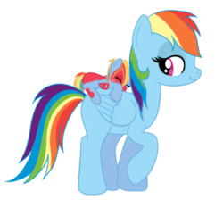Size: 445x415 | Tagged: safe, artist:karmadash, rainbow dash, oc, oc:zapple, oc:zappletta, g4, blank flank, missing cutie mark, momma dash, mother and daughter, offspring, parent:big macintosh, parent:rainbow dash, parents:rainbowmac, pony with birthmarks