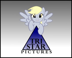 Size: 900x727 | Tagged: safe, artist:crashthestampede, derpy hooves, pegasus, pony, g4, closing logo, cute, female, grin, looking at you, mare, smiling, solo, spread wings, tristar