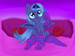 Size: 2666x2000 | Tagged: safe, artist:thundersearch, princess luna, g4, clothes, cute, female, filly, high res, lunabetes, sitting, socks, solo, striped socks, tongue out, woona