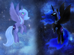 Size: 2000x1500 | Tagged: safe, artist:cupcaken, nightmare moon, princess luna, g4, duality, flying, grin, s1 luna, smiling, space, spread wings, stars