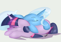 Size: 3000x2066 | Tagged: safe, artist:coldstorm, trixie, twilight sparkle, g4, female, high res, lesbian, ship:twixie, shipping, sleeping
