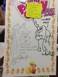 Size: 768x1024 | Tagged: safe, artist:andypriceart, artist:katiecandraw, applejack, derpy hooves, queen chrysalis, pegasus, pony, g4, andy you magnificent bastard, best pony, female, irl, mare, photo, poem, word of price