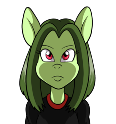 Size: 715x765 | Tagged: safe, artist:majikkumausuii, artist:mintymousyxfce, oc, oc only, anthro, anthro oc, bust, ears, face, green, practice, red eyes, serious, serious face, short hair, simple, simple background, solo, stare, transparent background