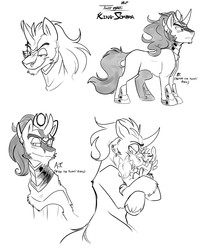 Size: 1825x2200 | Tagged: safe, artist:bluntwhiskey, king sombra, oc, oc:feathermoon, oc:nightweaver, ask twibra, g4, daddy sombra, dilf, monochrome, offspring, parent:king sombra, parent:twilight sparkle, parents:twibra, tired