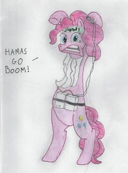 Size: 1500x2022 | Tagged: artist needed, source needed, safe, pinkie pie, earth pony, pony, g4, bipedal, female, hamas, implied suicide, jihad, mare, solo, suicide bomber, terrorist, traditional art
