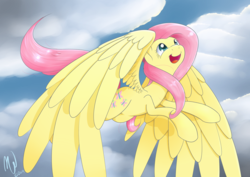 Size: 4092x2893 | Tagged: safe, artist:malwinters, fluttershy, g4, cute, female, flying, happy, high res, large wings, looking up, open mouth, shyabetes, sky, smiling, solo, spread wings