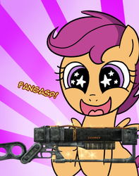 Size: 494x628 | Tagged: safe, scootaloo, g4, energy weapon, exploitable meme, fallout, fangasp meme, female, gun, laser rifle, meme, rifle, solo, weapon