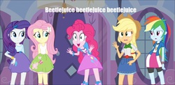 Size: 1024x499 | Tagged: safe, applejack, fluttershy, pinkie pie, rainbow dash, rarity, equestria girls, g4, beetlejuice, exploitable meme, meme, pinkie has a crazy idea, reference