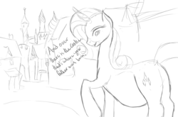 Size: 1719x1135 | Tagged: safe, artist:patch, rarity, g4, belly, canterlot, female, looking back, monochrome, pregnant, raised hoof, sketch, smiling, solo, tour