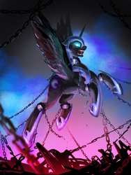 Size: 1536x2048 | Tagged: safe, artist:spaghettidolphin, nightmare moon, g4, chains, collar, fangs, female, floppy ears, flying, freedom, glowing eyes, open mouth, shackles, solo, spread wings