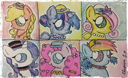 Size: 1024x624 | Tagged: safe, artist:therainbowmaiden, applejack, fluttershy, pinkie pie, rainbow dash, rarity, twilight sparkle, alicorn, pony, g4, chibi, female, hat, mane six, mare, necklace, twilight sparkle (alicorn)