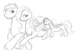 Size: 1402x945 | Tagged: safe, artist:patch, big macintosh, fluttershy, oc, earth pony, pony, g4, bedroom eyes, belly, eyes closed, male, monochrome, offspring, parent:big macintosh, parent:fluttershy, parents:fluttermac, pregnant, prone, ship:fluttermac, shipping, simple background, sketch, smiling, stallion, straight, touch, white background