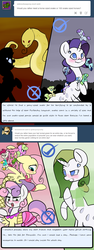 Size: 1200x3200 | Tagged: safe, artist:otterlore, daisy, flower wishes, fluttershy, lily, lily valley, rarity, roseluck, sweetie belle, drider, monster pony, original species, snake, spider, spiderpony, g4, ask, clothes, garish, green, little, species swap, spiderponyrarity, tiny, tiny ponies, tumblr, would you rather