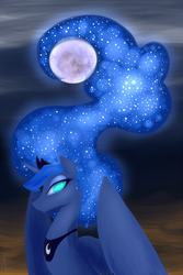Size: 1200x1800 | Tagged: safe, artist:valcron, princess luna, alicorn, pony, g4, female, full moon, horn, jewelry, lineless, looking at you, mare, moon, regalia, solo, tiara, wings