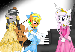 Size: 4000x2800 | Tagged: safe, artist:avchonline, fleur-de-lis, octavia melody, oc, oc:sean, earth pony, pegasus, unicorn, semi-anthro, g4, beauty and the beast, belle, bow, bow (instrument), cello, cinderella, clothes, crossdressing, crossover, dress, earring, evening gloves, gloves, gown, hair bow, headband, high res, makeup, male, musical instrument, petticoat, piano, princess aurora, princess costume, sleeping beauty, trap