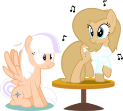 Size: 1930x1751 | Tagged: safe, artist:zacatron94, oc, oc only, oc:backy, oc:sweep star, legends of equestria, duo, eyes on the prize, female, frown, lesbian, looking back, music notes, pomf, raised hoof, simple background, sitting, smiling, spread wings, table, transparent background, vector, wide eyes, wingboner