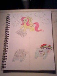 Size: 480x640 | Tagged: safe, artist:marioandsonic5555, fluttershy, rainbow dash, g4, comic, crushing, flattened, traditional art